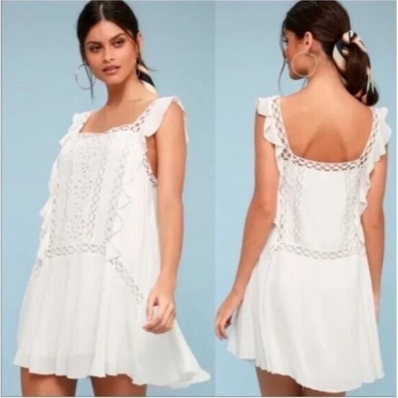 Free People Mini Dress White Crochet Priscilla Ruffled Womens Size M - Picture 12 of 12